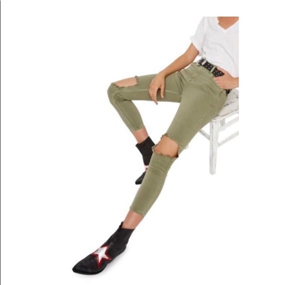 Free People Moss Green High-Rise Busted Knee Skinny Jeans 26